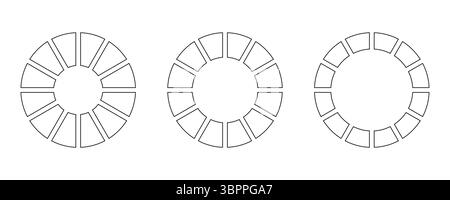 Ruote rotonde divise in dodici sezioni. Set infografica diagrammi. Linea grafico sezione circolare art. Icone del grafico a torta. Delineare le tabelle delle ciambelle o le torte Illustrazione Vettoriale