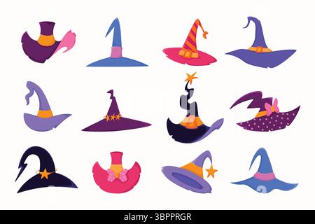 Collezione Clipart cappello Witch colorato in stile disegnato a mano. Mago carini cappelli con decorazioni perfetti per adesivi, carte, motivi, ragnatela Illustrazione Vettoriale