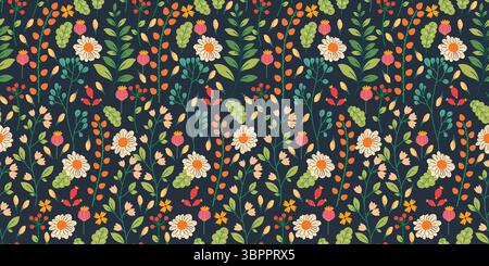 Motivo floreale senza cuciture con fiori selvatici colorati disegnati a mano, foglie e frutti di bosco su sfondo verde. Sfondo botanico perfetto per la stampa Illustrazione Vettoriale