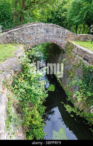 Vecchio ponte in pietra sul Monmouthshire e sul Brecon Canal, Cwmbran, Galles, Regno Unito Foto Stock