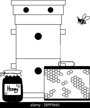 Produzione di miele composizione succosa. Illustrazione della linea grafica vettoriale. Striscioni, poster, carta da imballaggio, adesivo, stampa, design moderno in tessuto. Per il logo, Illustrazione Vettoriale