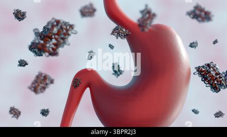 Rendering 3d di molecole di leptina sparse e stomaco umano. Foto Stock