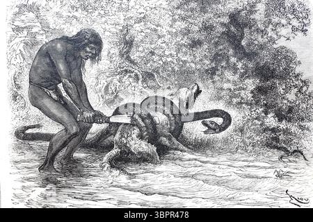 Un indiano sudamericano libera il suo cane dalla morsa di un serpente costrittore boa, riproduzione storica e digitalmente migliorata da un originale del 1860 circa Foto Stock