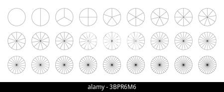 Modello grafico a torta. Raccolta di grafici segmentati. Molti settori dividono il cerchio su parti uguali. Contorno grafico nero. Serie di grafici per pizza Illustrazione Vettoriale