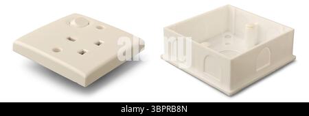 Piastra frontale per presa a muro tipo G a tre pin e scatola posteriore in plastica con sfondo bianco isolato, impianto elettrico o sistema di cablaggio domestico Foto Stock