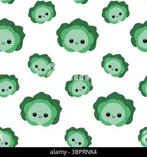 Simpatico motivo senza cuciture di cavolo in stile kawaii. Verdura di cavolo sorridente. Illustrazione Vettoriale