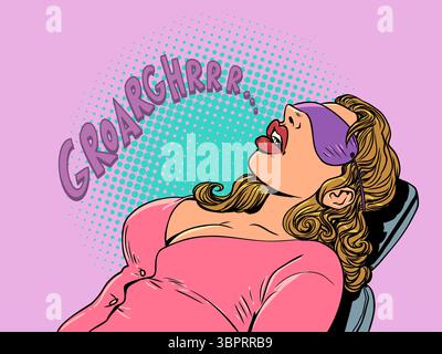 Una donna dorme forte e ruba. Pigrizia al lavoro. Disattenzione dei dipendenti aziendali. Pop Art retro Vector Illustration Kitsch Vintage anni '50, stile anni '60 Illustrazione Vettoriale