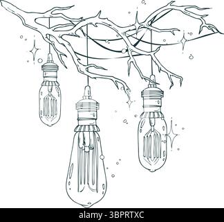 Composizione disegnata a mano con bulbi vintage su un ramo. Schizzo inchiostro in bianco e nero. Perfetto per biglietti, inviti e banner per le vacanze invernali Illustrazione Vettoriale