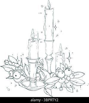 Candele di Natale con mirtilli di neve, scintillio stellare e ornamenti. Disegnato a mano in stile line art con inchiostro nero. Ideale per biglietti d'auguri o stagionali Illustrazione Vettoriale