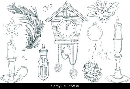 Set per vacanze invernali vintage in stile artistico disegnato a mano. Include candele, orologio, ornamenti, rami di abete e frutti di bosco. Inchiostro nero dettagliato Illustrazione Vettoriale