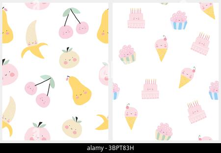Simpatico motivo vettoriale senza cuciture con frutta e dolci felici. Stampa irregolare disegnata a mano con mele, pere, ciliegie, banane, torte e gelati. Illustrazione Vettoriale