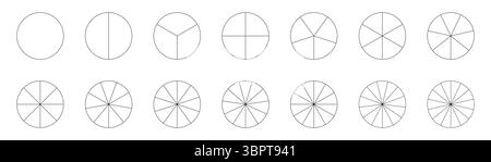 Grafici segmentati. Modello grafico Pizza. Schema delle parti delle ruote. Raccolta di grafici a torta. Molti settori dividono il cerchio su parti uguali. Set di Illustrazione Vettoriale