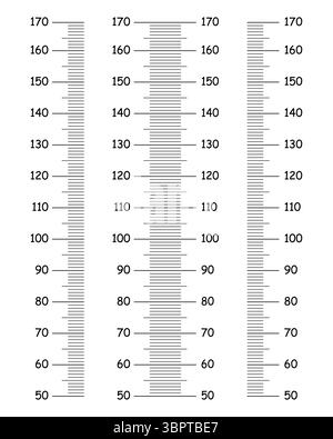 Tabelle altezza bambini da 50 a 170 centimetri. Modelli impostati per adesivo di crescita parete isolato su sfondo bianco. Illustrazione vettoriale. Metri di parete Illustrazione Vettoriale