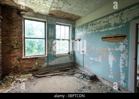Vernice sbucciante all'interno della stanza della casa abbandonata in rovina, Indiana USA Foto Stock