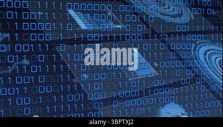 Visualizzazione a cascata delle cifre binarie attraverso l'interfaccia digitale, con tracce di circuito e vortice di dati Foto Stock