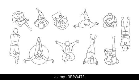 Semplice illustrazione line art che mostra le viste dall'alto delle persone. Varie pose, tra cui sedersi, sdraiarsi e stretching. Stile minimalista con particolare attenzione alla geografia Illustrazione Vettoriale
