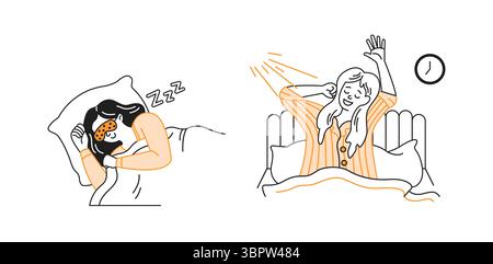 Donna cartoni animati che dorme tranquillamente, indossa maschera per gli occhi, confortevole a letto. Immagine adiacente di una donna che si allunga e si sveglia con gioia. Dettagli arancioni sul retro bianco Illustrazione Vettoriale