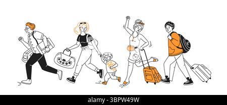 Illustrazione di un gruppo allegro di viaggiatori che camminano energicamente con i bagagli. Caratteri con toni arancioni e neri, che esprimono emozioni e adve Illustrazione Vettoriale