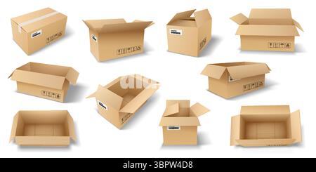 Set di scatole di cartone in diverse posizioni e angolazioni. Le scatole sono aperte e chiuse, con dettagli e icone realistici. Perfetto per lo stoccaggio, shipp Illustrazione Vettoriale