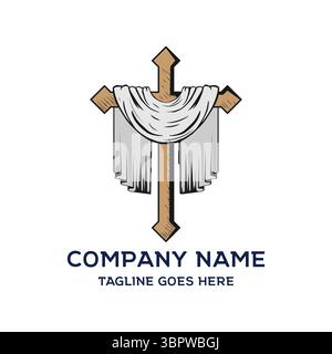 Croce cristiana di Gesù in legno d'epoca con panno bianco della Sacra Sindone per la religione Bibbia illustrazione biblica Design Vector Illustrazione Vettoriale