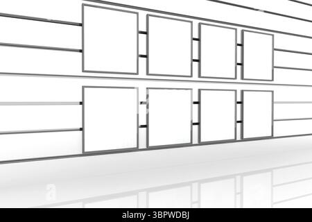 le cornici vuote sono appese su guide metalliche in un design minimalista che mostra un pavimento bianco lucido Foto Stock