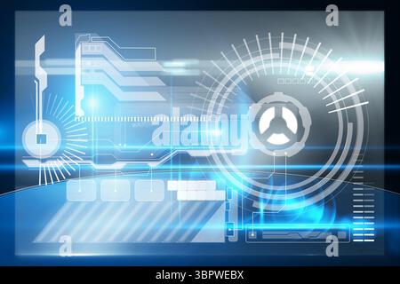 Sovrapposizione HUD con design piatto che visualizza indicatori radiali, percorsi schematici e letture dei dati Foto Stock