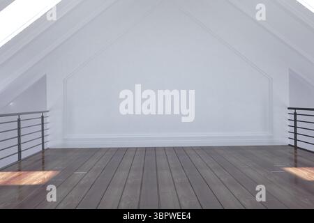 L'illustrazione a design piatto mostra un loft vuoto con assi del pavimento, ringhiere nere, modanatura bianca Foto Stock