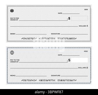 Modello di assegno bancario vuoto, assegno con sfondi di sicurezza, numeri e campi con codifica micr per beneficiario, importo, data, memo e firma. Coupon di pagamento in valuta vettoriale Illustrazione Vettoriale