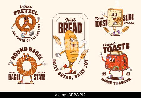 Stampa di magliette con caratteri da forno e poster di panini di grano cartoni animati. Baguette Vector retro Groovy y2k, pane tostato, bagel e pretzel con volti felici e poster con orecchie di cereali Illustrazione Vettoriale