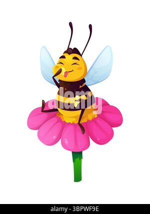 Cartoni animati simpatico personaggio di api seduto su un fiore e mangiando miele, piccola ape vettoriale. L'allegra ape in fiore con il viso felice e il sorriso delizioso mangia il miele, il personaggio degli insetti delle bumblebee Illustrazione Vettoriale