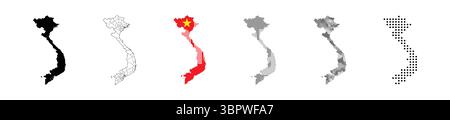 Serie di mappe politiche del Vietnam con regioni e bandiere isolate su sfondo bianco. Scala di grigi e mappa punteggiata del vietnam. Illustrazione Vettoriale