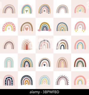 Illustrazioni vettoriali di arcobaleni colorati e alla moda. Collezione Doodle Rainbows. Illustrazione Vettoriale
