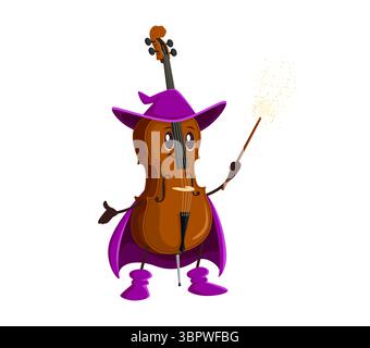 Il cartone animato Halloween contrabbassa mago e mago strumento musicale personaggio che lancia l'incantesimo orchestrale. Doppietto vettoriale isolato con mantello mago e cappello da strega e bacchetta magica Illustrazione Vettoriale