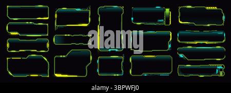 Interfaccia HUD del gioco cyberpunk al neon, elementi dell'interfaccia utente vettoriale. Future cornici, caselle di testo digitali e schermate per le tecnologie informatiche. Il moderno pannello del cruscotto del gioco fantascientifico presenta bordi con un motivo cyberpunk al neon Illustrazione Vettoriale