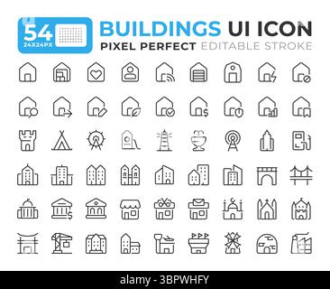 Set di icone ui della linea edifici Illustrazione Vettoriale