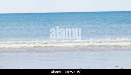 L'oceano calmo e blu con dolci onde si estende su una spiaggia di sabbia bagnata in un design piatto Foto Stock