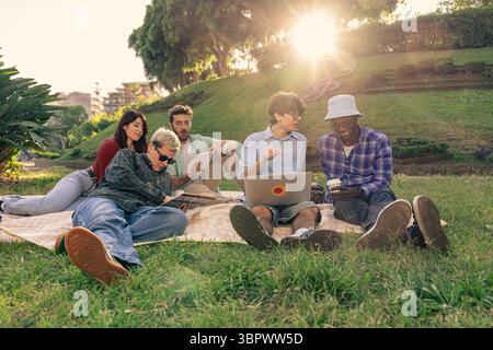 Un gruppo multietnico di giovani amici o studenti che lavorano e studiano insieme a computer portatili e tablet su una coperta in un parco, godendosi una giornata di sole Foto Stock