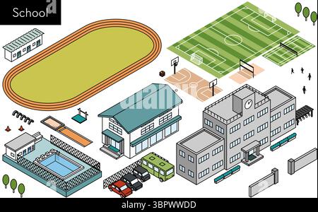 Illustrazione isometrica con semplici disegni a linee per edifici scolastici, parchi giochi e strutture sportive, illustrazione vettoriale Illustrazione Vettoriale
