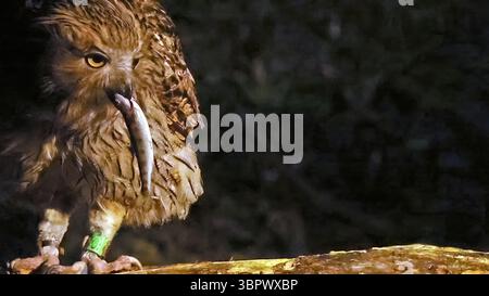 Il gufo di pesce di Blakiston (Ketupa blakistoni) con la preda, Giappone Foto Stock