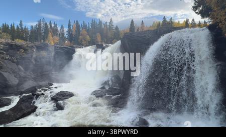 La cascata Ristafallet scorre attraverso una foresta dai vivaci colori autunnali. Foto Stock