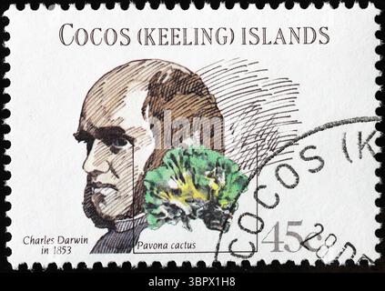 Charles Darwin ritratto sul francobollo delle isole Cocos Foto Stock