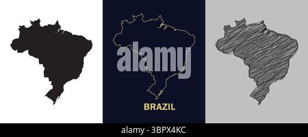 Immagine modificabile astratta dell'illustrazione vettoriale della mappa del BRASILE in nero, oro, schizzo Illustrazione Vettoriale