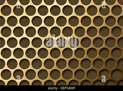 Struttura a griglia dorata perforata, sfondo in fibra di carbonio dorata. Sfondo griglia altoparlante in ferro in ottone vettoriale. Sfondo di lusso per la pagina Web. Rotondo Illustrazione Vettoriale