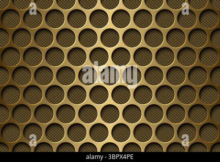 Griglia dorata traforata struttura senza cuciture, sfondo in fibra di carbonio dorata. Griglia per altoparlanti Vector in ottone dalla texture infinita. Riempimento pagina Web. Fori rotondi Illustrazione Vettoriale