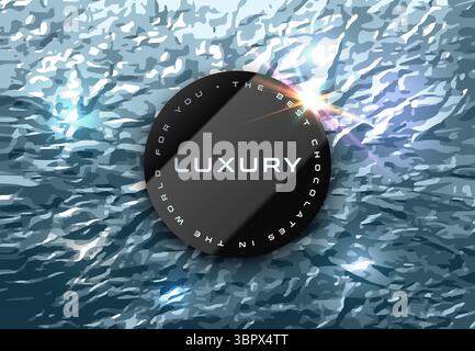 Sfondo con lamina incrostata color argento congelato, striscione centrale circolare nero, luce parassita dell'obiettivo. Foglio di alluminio come sfondo di lusso. Struttura vettoriale della lamina increspata Illustrazione Vettoriale