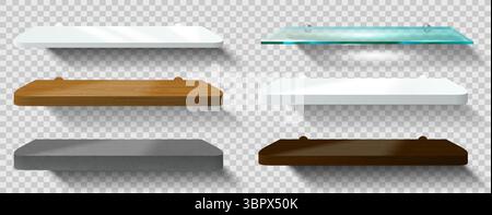Set di ripiani vuoti isolati su sfondo trasparente. Raccolta di mockup vettoriale. Bagno 3D, podio cucina o ripiano prodotti. Scenografia Illustrazione Vettoriale