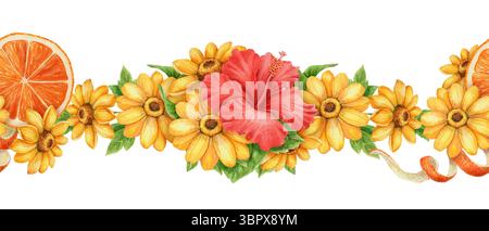 Vivace estate senza cuciture con ibisco girasole e agrumi in stile acquerello. Fiore giallo rosso e fetta di arancio ideale per le vacanze Foto Stock