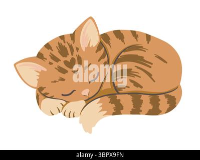 Gatto tabby allo zenzero che dorme in stile cartoni animati vettoriali. Personaggio animato disegnato a mano con un'atmosfera rilassata, perfetto per la carta web, il design di adesivi e il libro Illustrazione Vettoriale