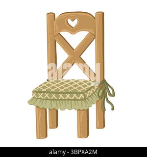 Sedia in legno da cucina con sedile verde in stile vettoriale rustico. Mobili disegnati a mano con un design accogliente e vintage. Perfetto per il libro Illustrazione Vettoriale