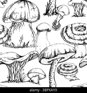 Chanterelle girolle dorate, berretto russula bolete di betulla suillus scivolosi funghi jack. Tessera con motivo senza cuciture per funghi naturali disegnata a mano con inchiostro vettoriale Illustrazione Vettoriale